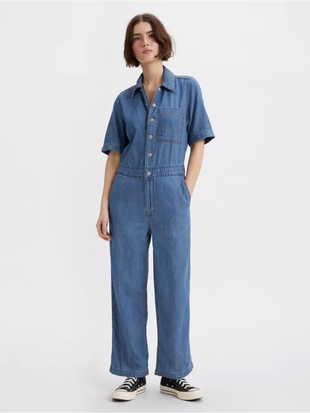 Levi’s Women’s Short Sleeve Heritage Jumpsuit in Medium Blue, Size Medium